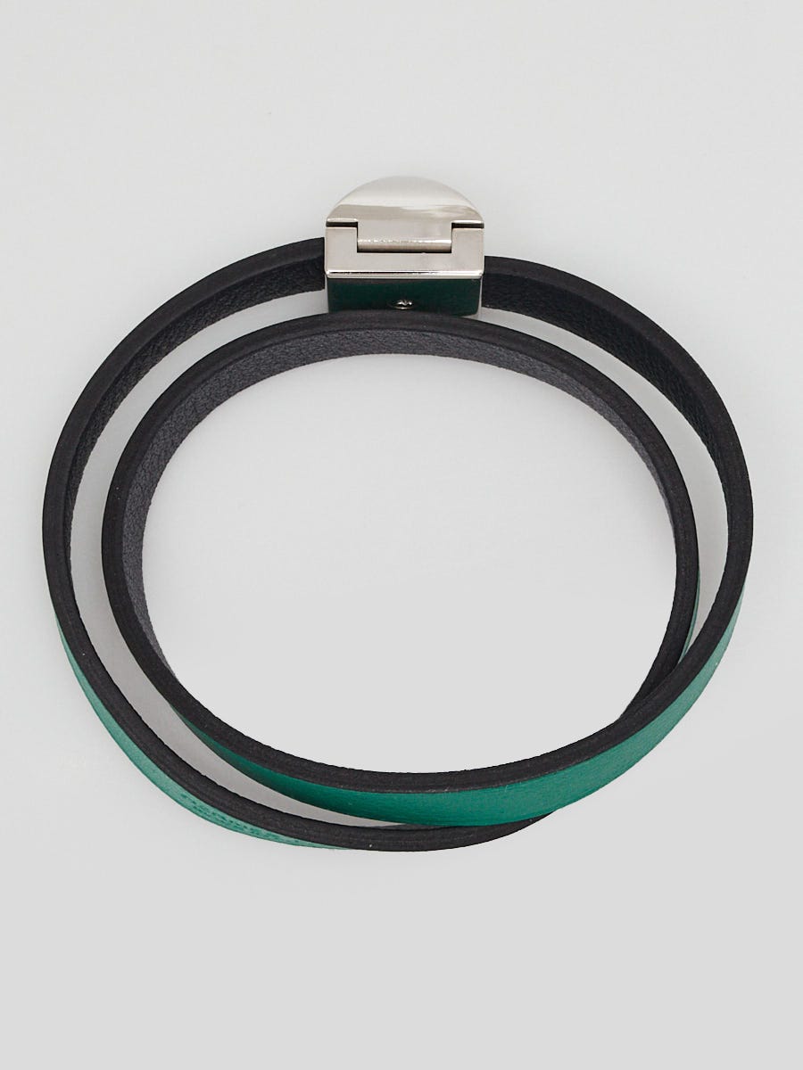 Hermes Bambou/Black Swift Leather Palladium Plated Medor Infini Double Tour Bracelet Size T3