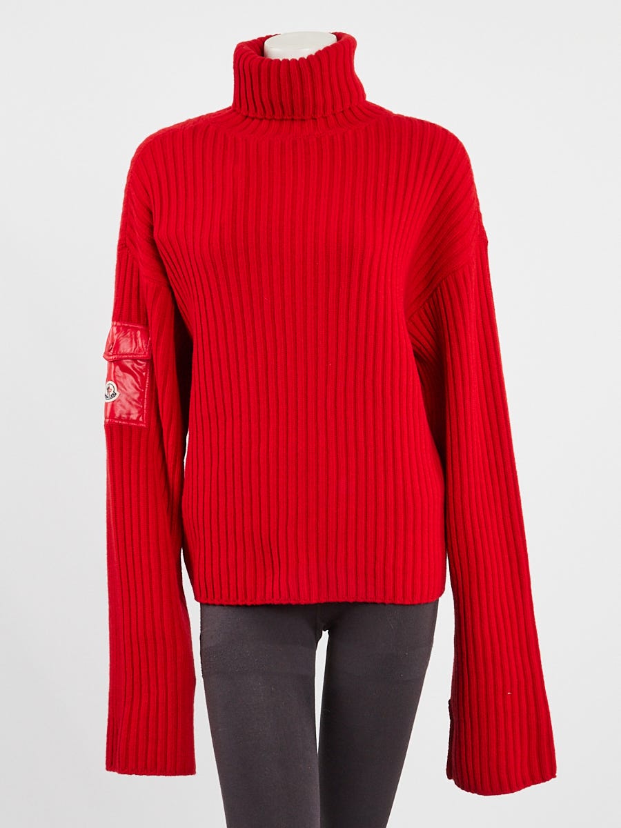 Moncler Red Ribbed Wool Knit Collo Alto Tricot Turtleneck
