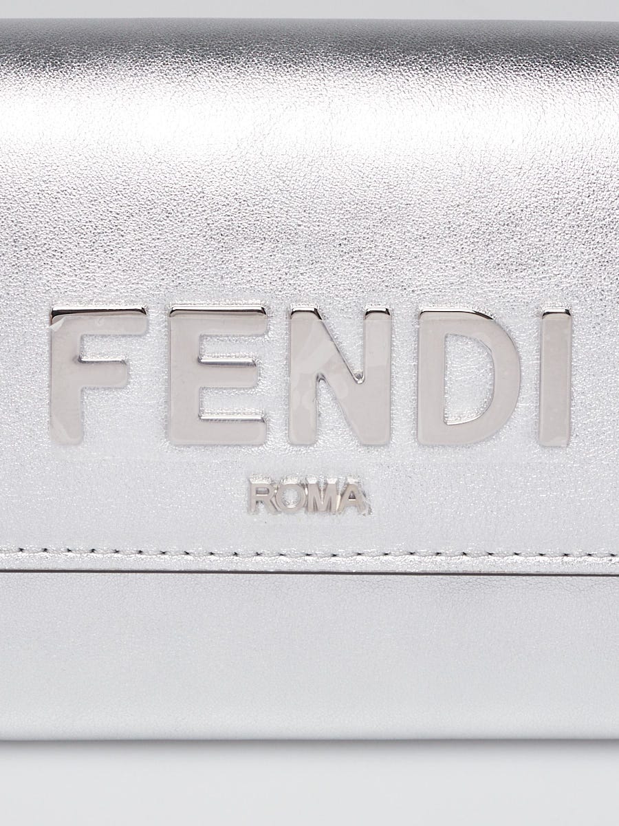Fendi Metallic Silver Leather Continental Wallet On Chain