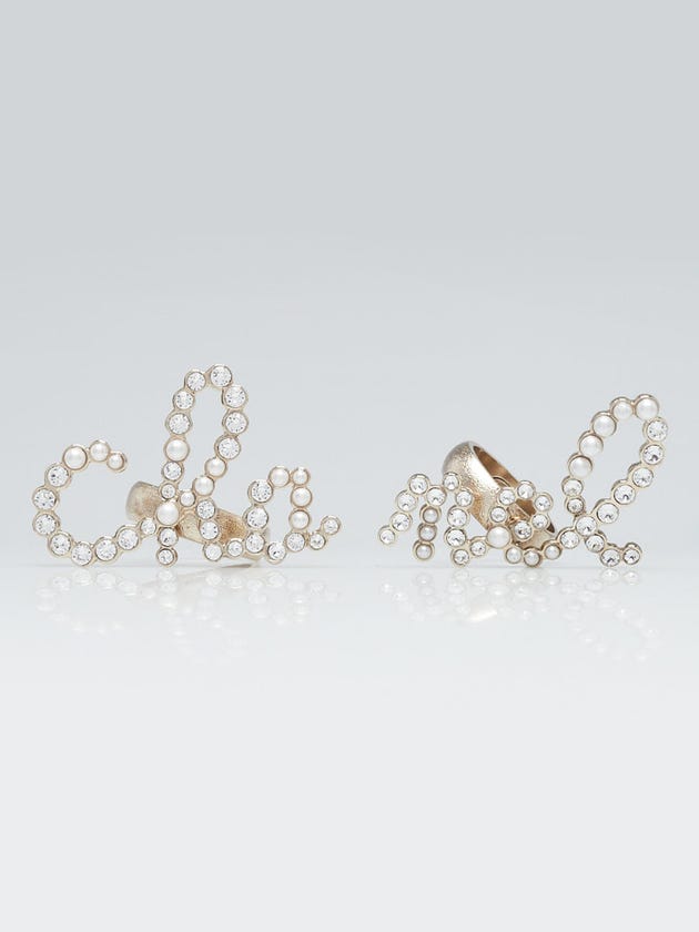 Chanel Gold Metal Crystal And Faux Pearl Logo Ring Set Size 7