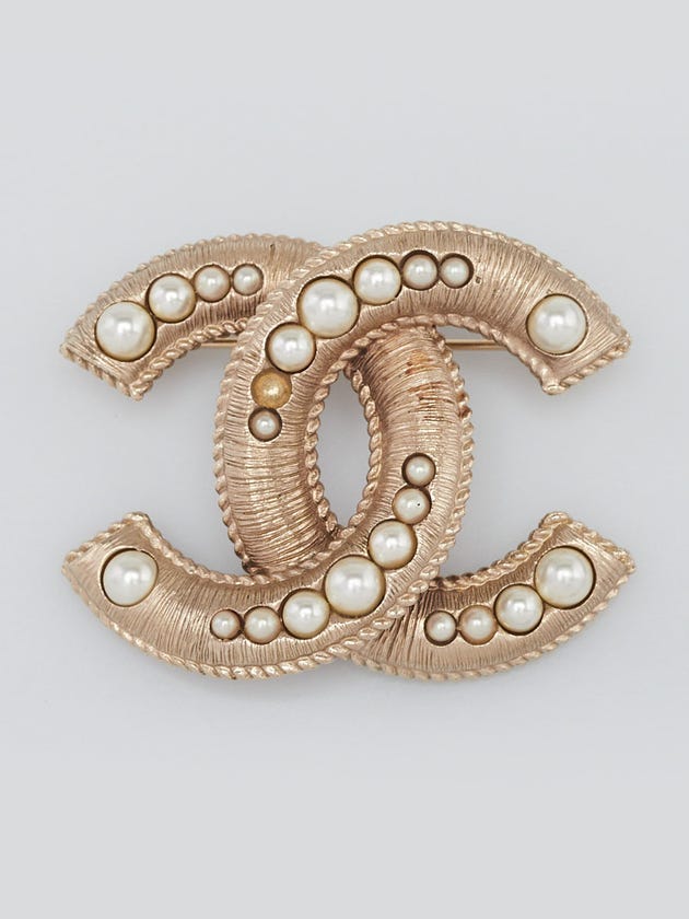 Chanel Gold and Faux Pearl Textured CC Brooch