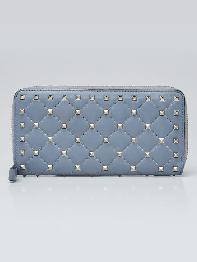 Valentino Blue Quilted Leather All Over Rockstud Zippy Wallet