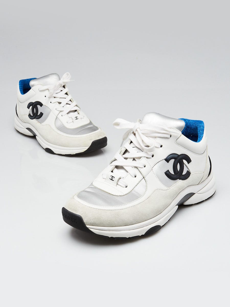 Chanel White Blue Calfskin Leather and Suede CC Sneakers Size 9 39.5 Yoogi s Closet