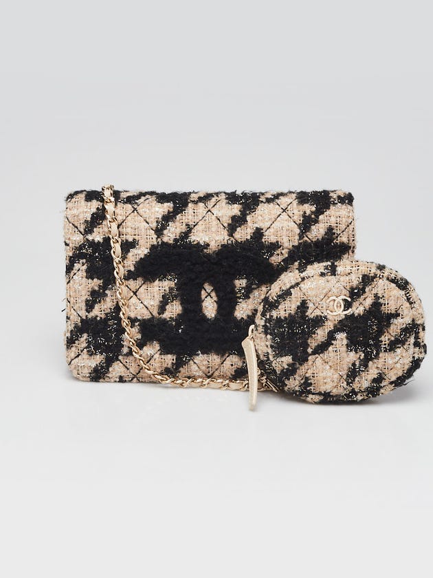 Chanel Beige/Black Houndstooth Tweed CC WOC Clutch Bag w/ Coin Pouch