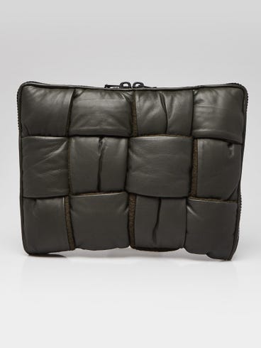 Bottega Veneta Dark Green Leather Maxi Weave Padded Zip Laptop Pouch
