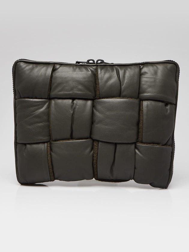 Bottega Veneta Dark Green Leather Maxi Weave Padded Zip Laptop Pouch