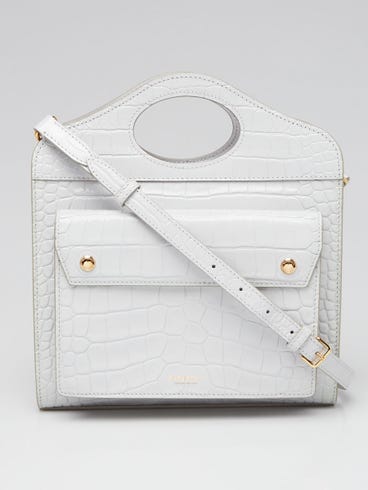 Burberry Grey Croc Embossed Leather Topstitch Pocket Mini Tote Bag