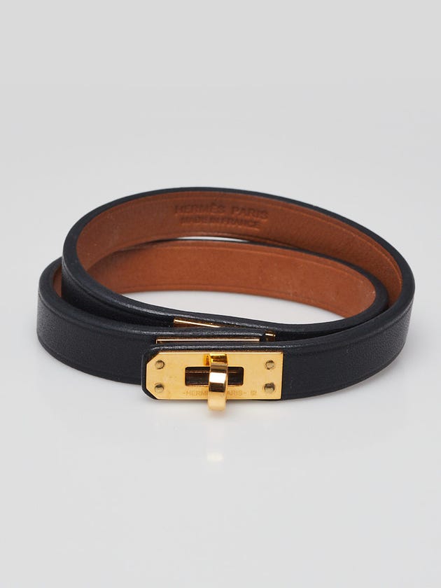 Hermes Black Swift Leather Gold Plated Kelly Double Tour Bracelet Size T3