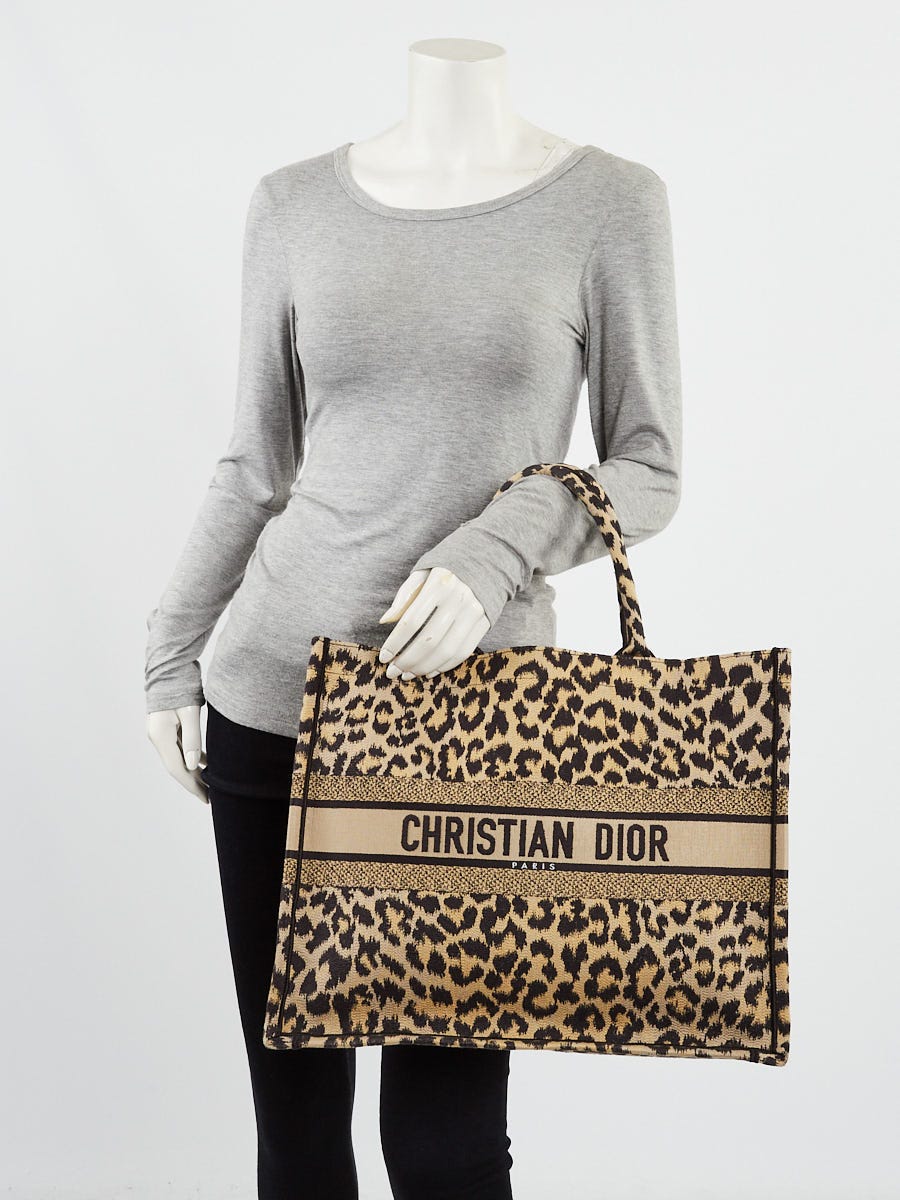 Christian Dior Brown Leopard Embroidered Canvas Large Book Tote