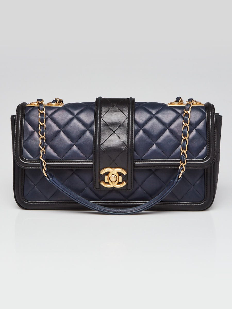 Chanel Navy Blue Black Quilted Lambskin Leather Elegant CC Large Flap Bag Yoogi s Closet