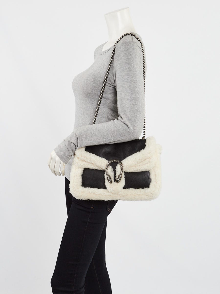 Gucci Black Leather and Shearling Dionysus Medium Shoulder Bag