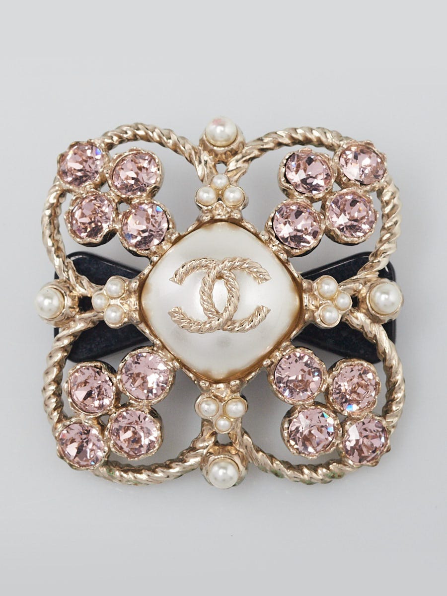 Chanel Gold Metal Pink Crystal and Faux Pearl CC Brooch | Yoogi's Closet