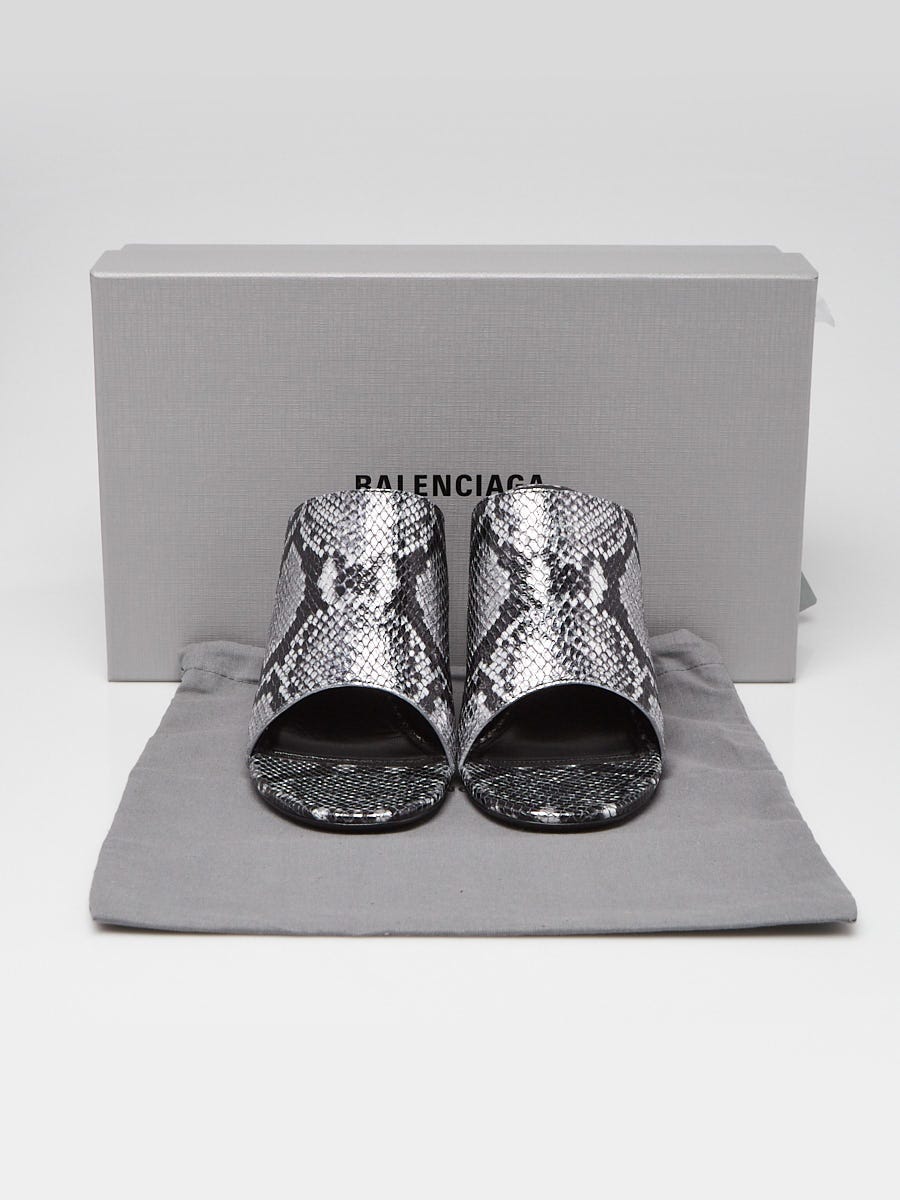 Balenciaga Silver/Black Snake Embossed Leather Slide Sandals