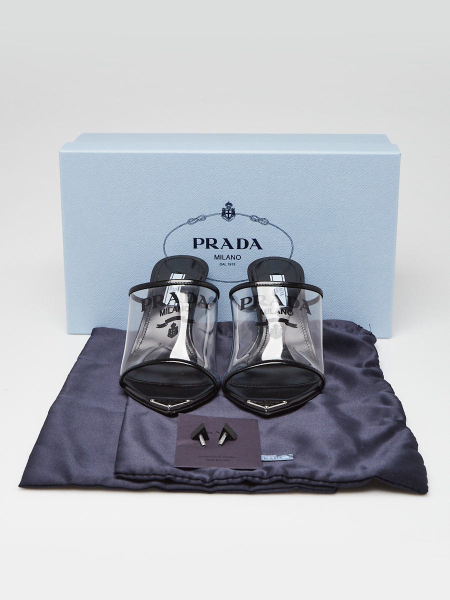 PRADA ブラック サテン ミュール クリアヒール Prada Black/Clear Leather/PVC Slide Sandals Size 5.5/36 | Yoogi's