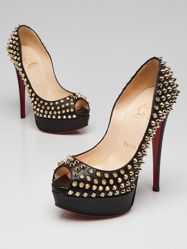 Christian Louboutin Black Leather Spiked Peep-Toe Platform Pumps Size 5.5/36