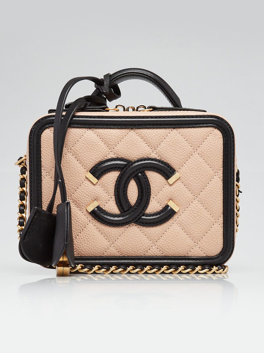 Chanel Beige/Black Quilted Caviar Leather Filigree Small Vanity