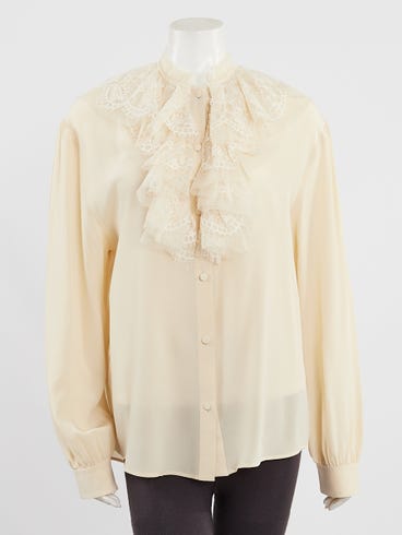 Gucci Ivory Silk Ruffle Lace Blouse Size 10/44