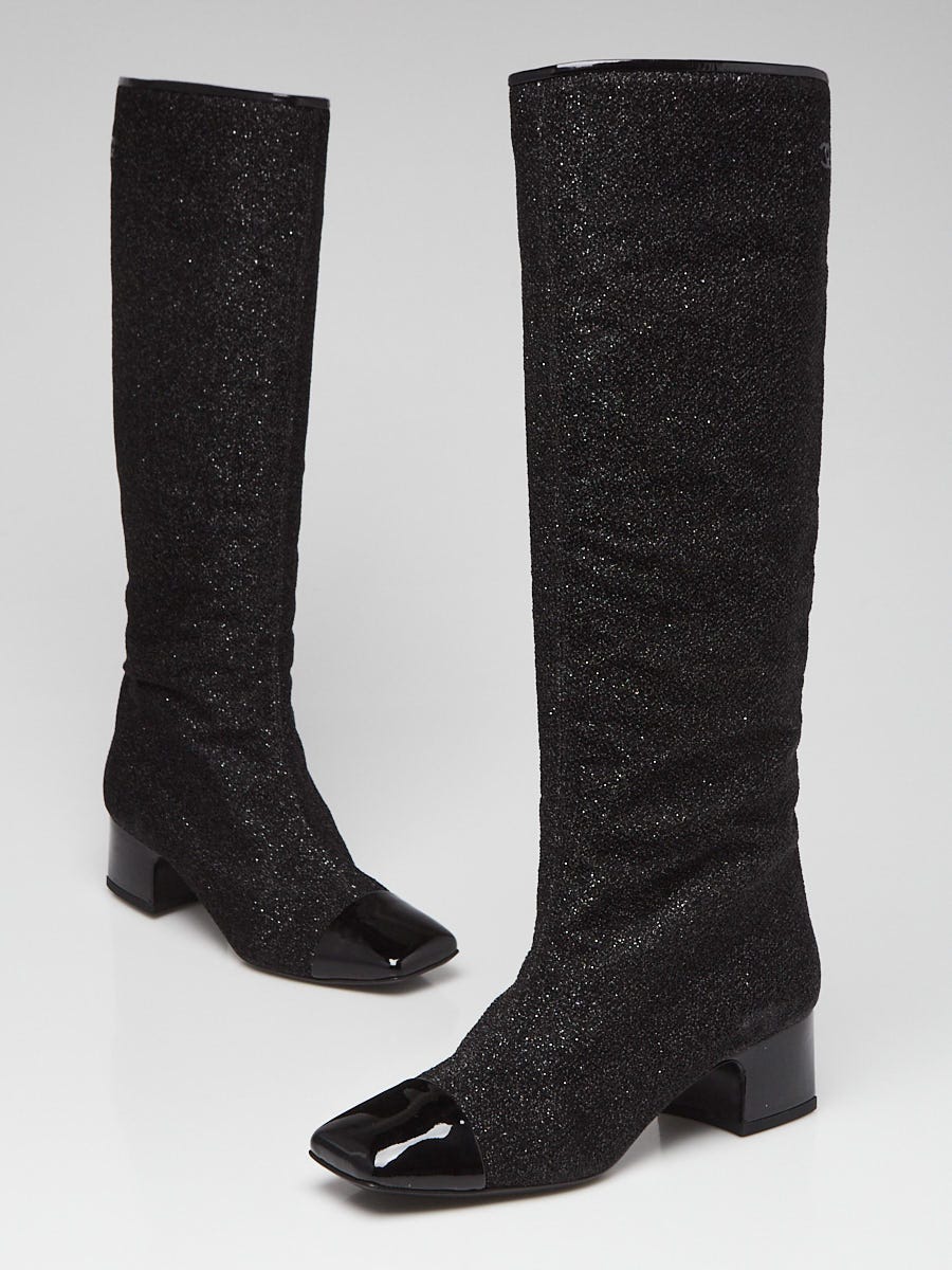 Chanel Black Glitter Lame Fabric and Patent Leather CC Knee