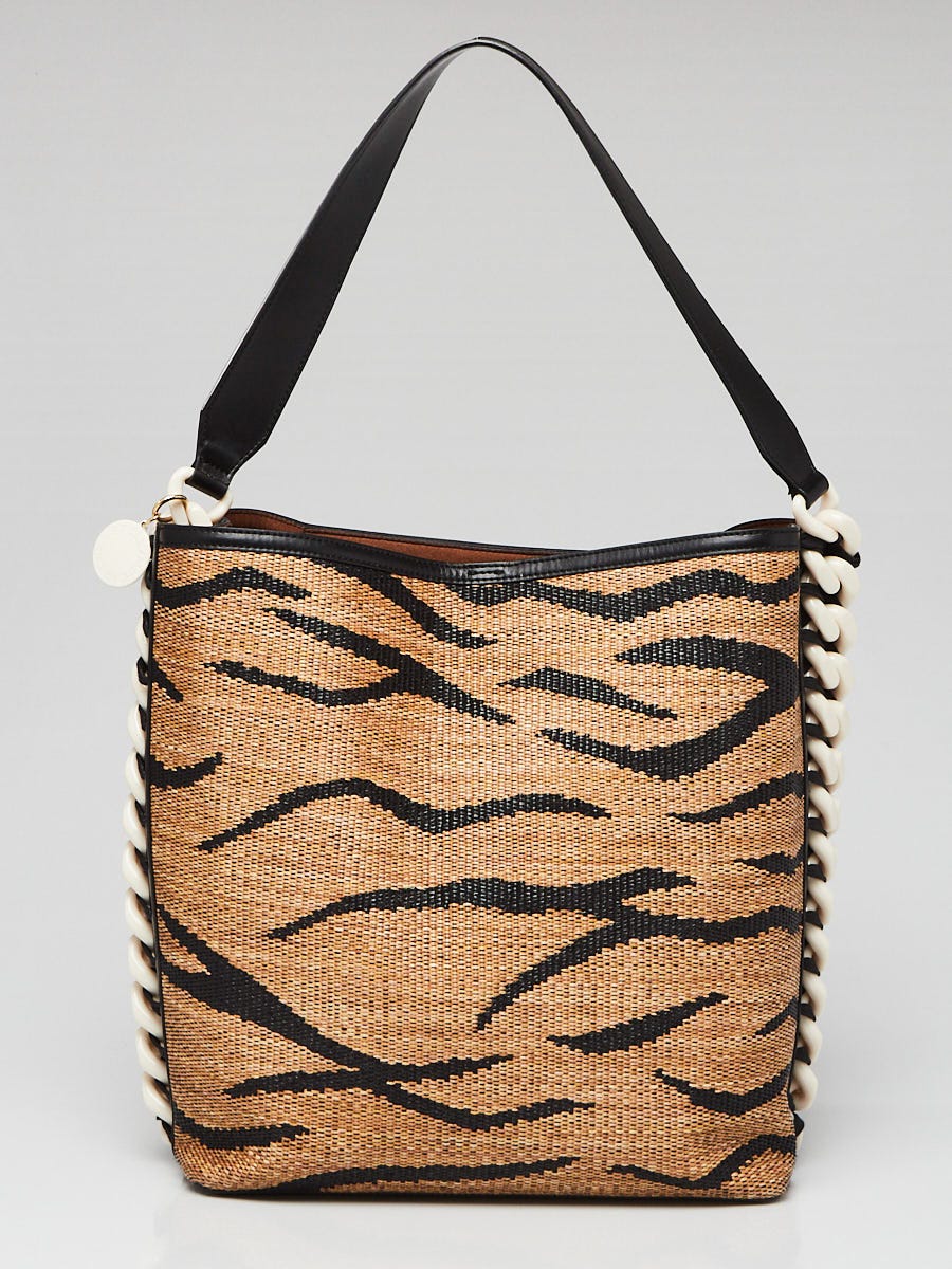 STELLA MCCARTNEY ◆ Frayme Tiger Raffia Bag Stella McCartney Black Vegan Leather Woven Raffia Tiger