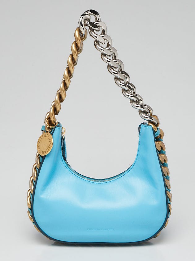 Stella McCartney Aqua Blue Faux Leather Two Tone Chain Small Frayme Shoulder Bag