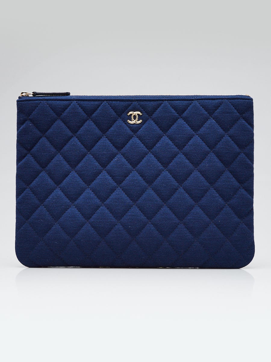 Chanel Blue Quilted Jersey Fabric Medium O-Case Zip Pouch VIP Bag