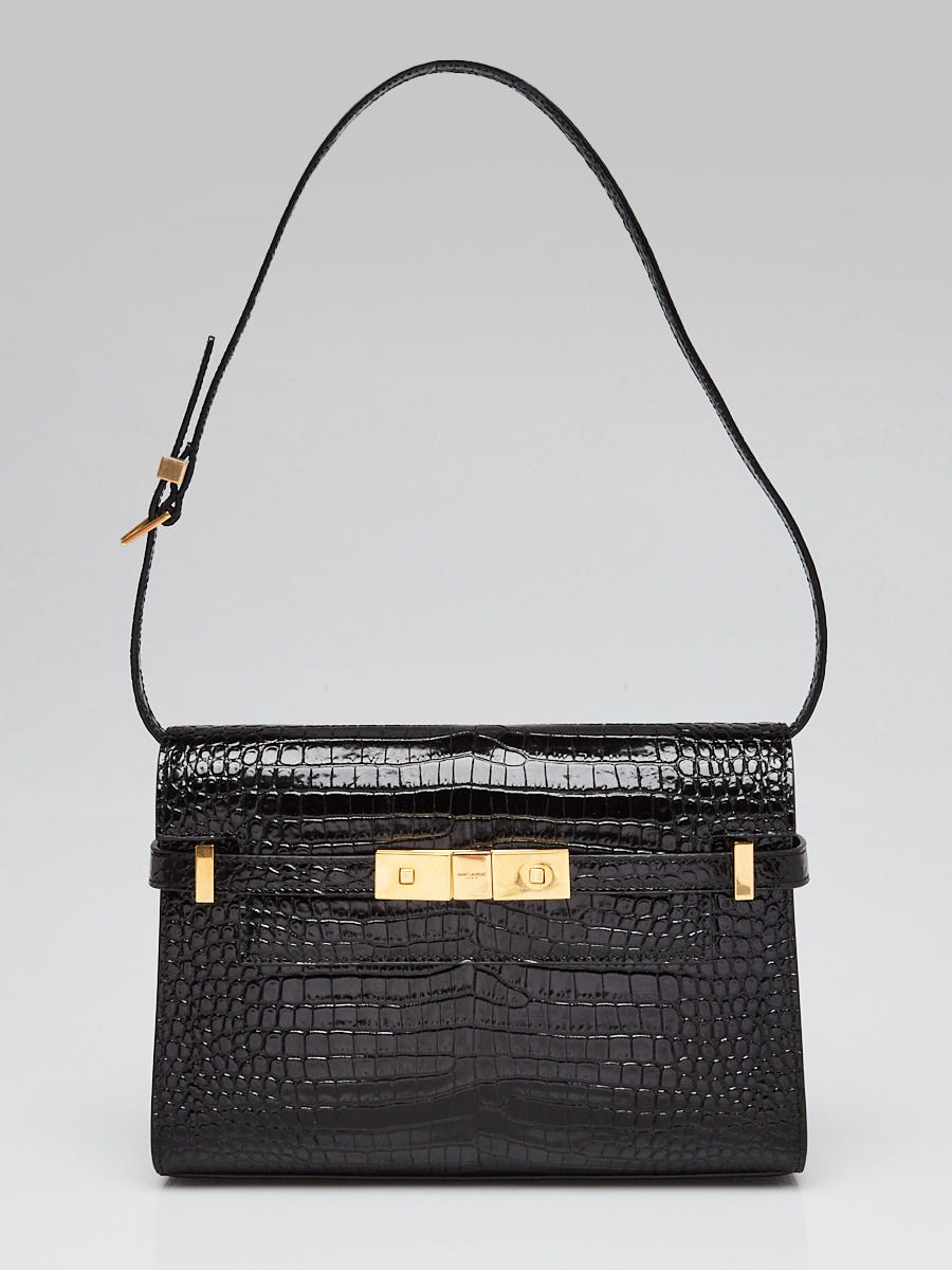 Yves Saint Laurent Black Crocodile Embossed Patent Leather