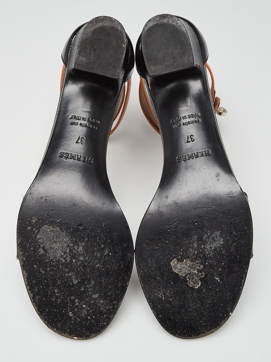 Hermes Black Patent Leather Open Toe Ankle Strap Heels Size