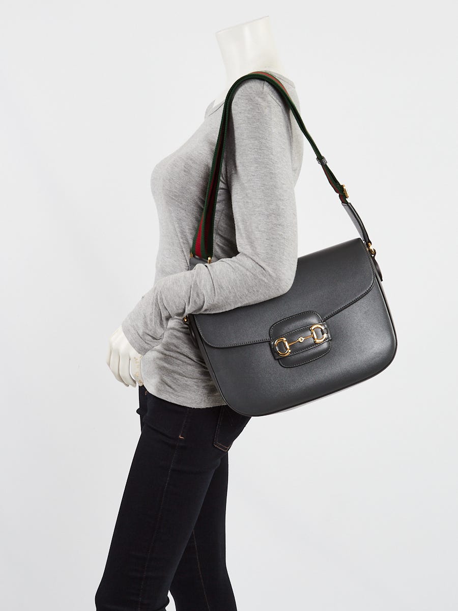 【関税&送料込】Gucci Dark Grey Leather 1955 Horsebit Should Gucci Grey Leather 1955 Horsebit Large Shoulder Bag
