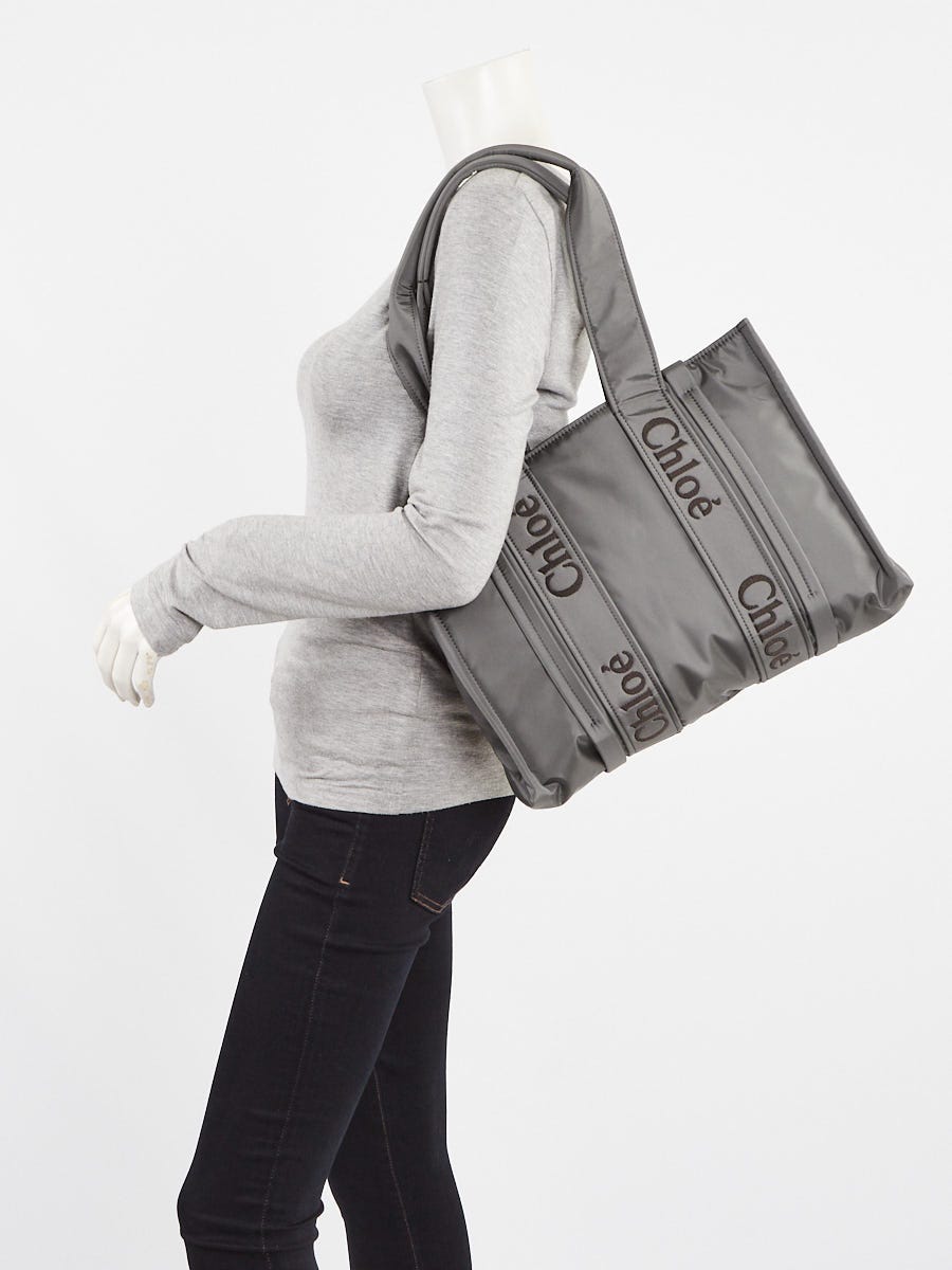 Chloe Elephant Grey Recycled Nylon Medium Woody Tote Bag
