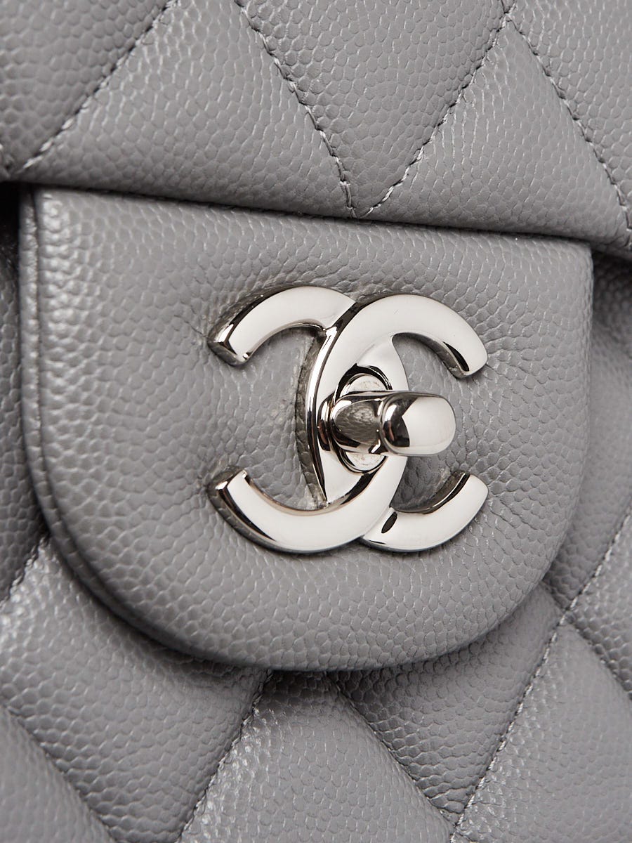 Chanel Grey Quilted Caviar Leather Classic Jumbo Double Flap Bag