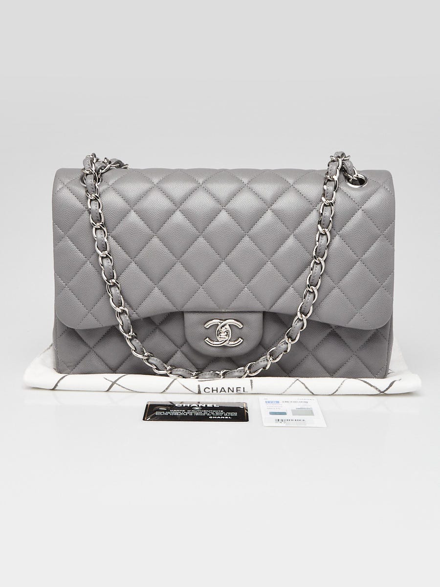 Chanel Grey Quilted Caviar Leather Classic Jumbo Double Flap Bag