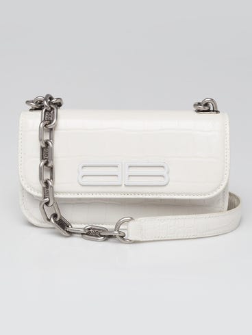 Balenciaga White Croc Embossed Calfskin Leather Gossip XS Chain Crossbody Bag