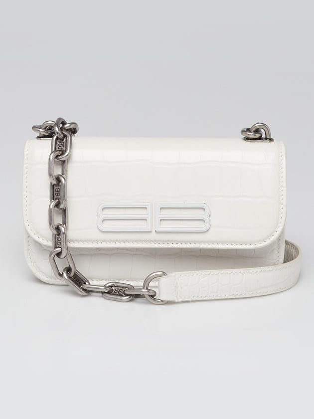 Balenciaga White Croc Embossed Calfskin Leather Gossip XS Chain Crossbody Bag