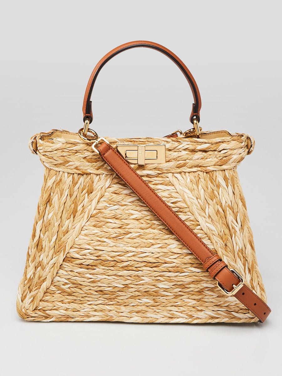 Fendi Woven Straw Nappa Leather Medium Peekaboo Iseeu Satchel Bag