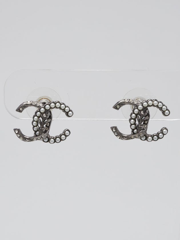 Chanel Silver Metal Crystal and Faux Pearl CC Stud Earrings