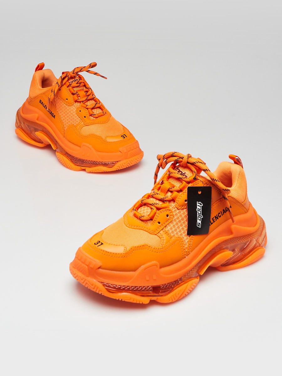 Balenciaga Black/Orange Vegan Leather Mesh Triple S Sneakers Size