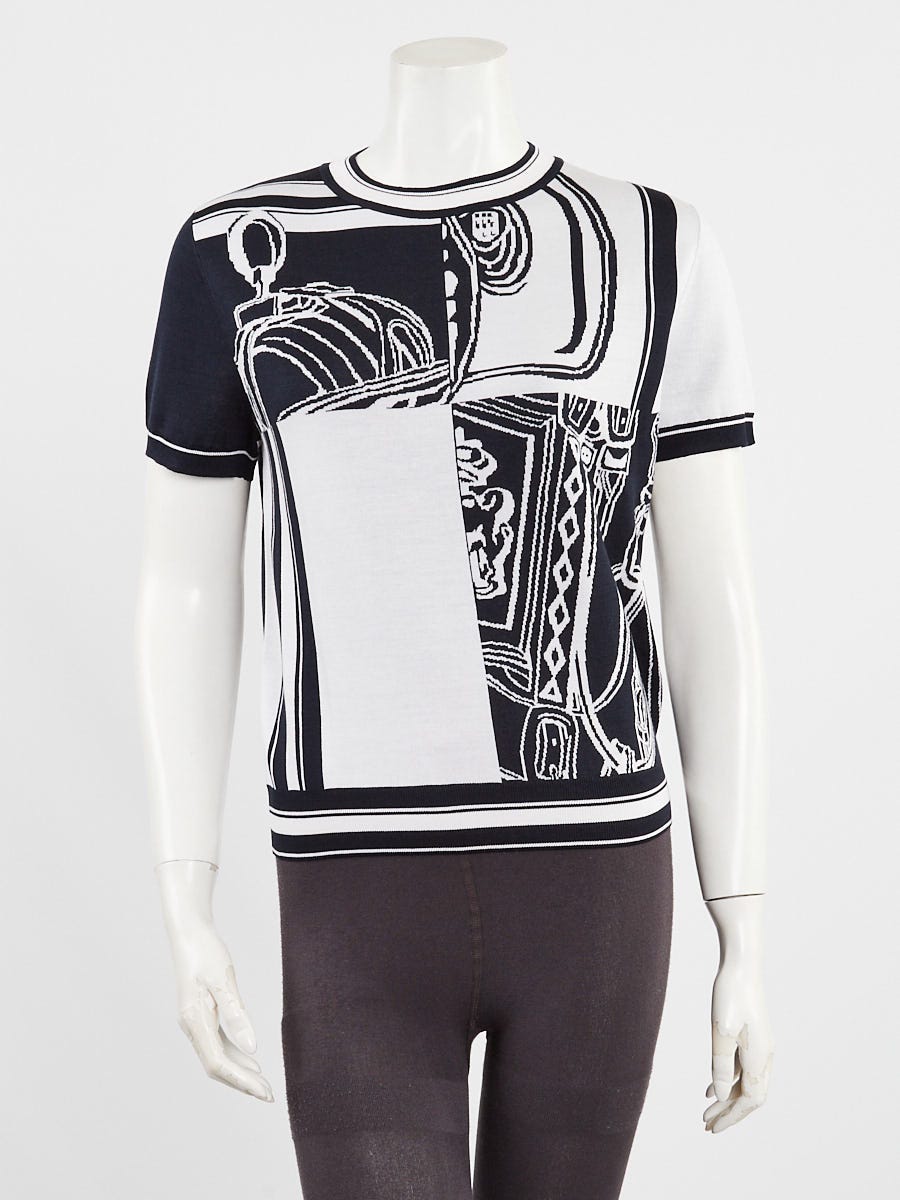 HERMES 半袖ニット　40 Hermes Bleu Noir Silk Knit En Desordre Finesse Short Sleeve Sweat