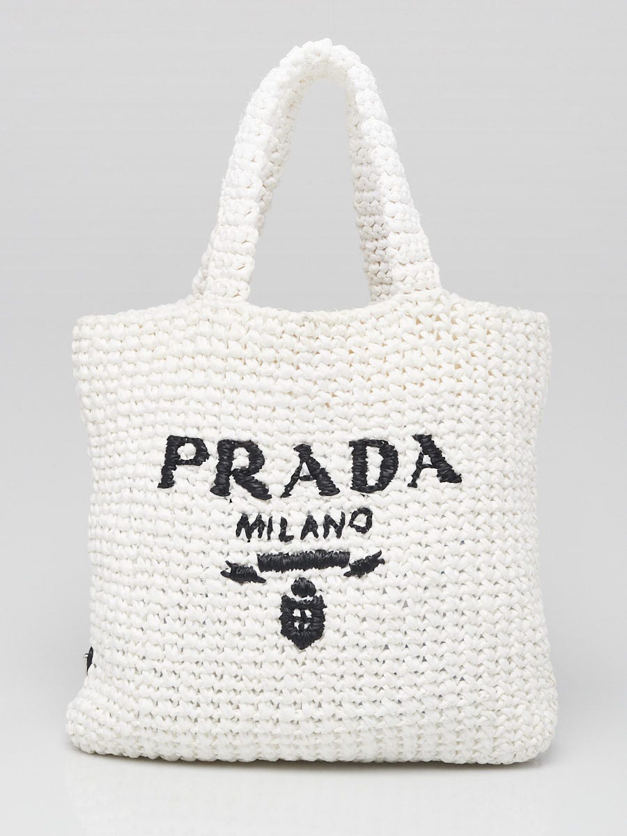 Prada White Crochet Raffia Small Tote Bag | Yoogi's Closet