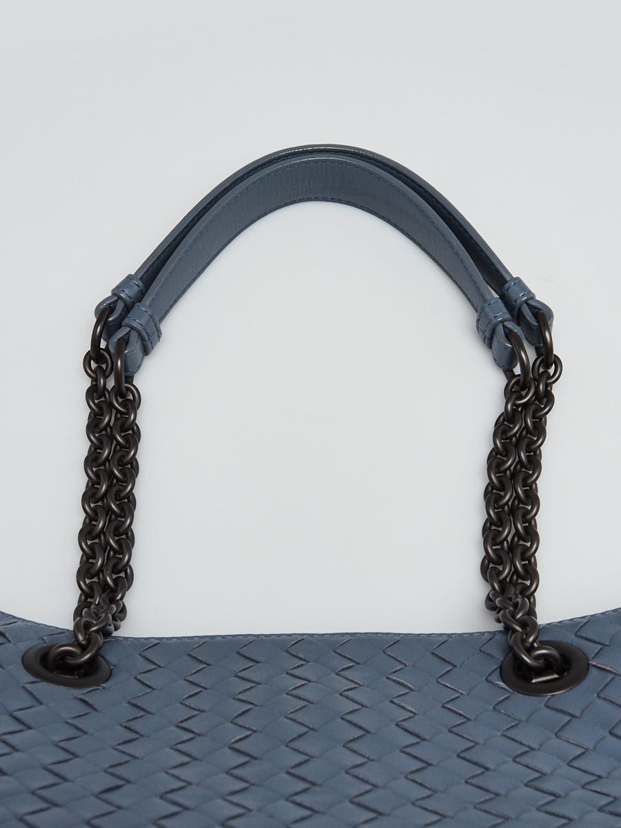 ★BOTTEGA VENETA★ Chain Detail Woven Handle Mount Tote Bag Bottega Veneta Blue Woven Nappa Intrecciato Leather Chain