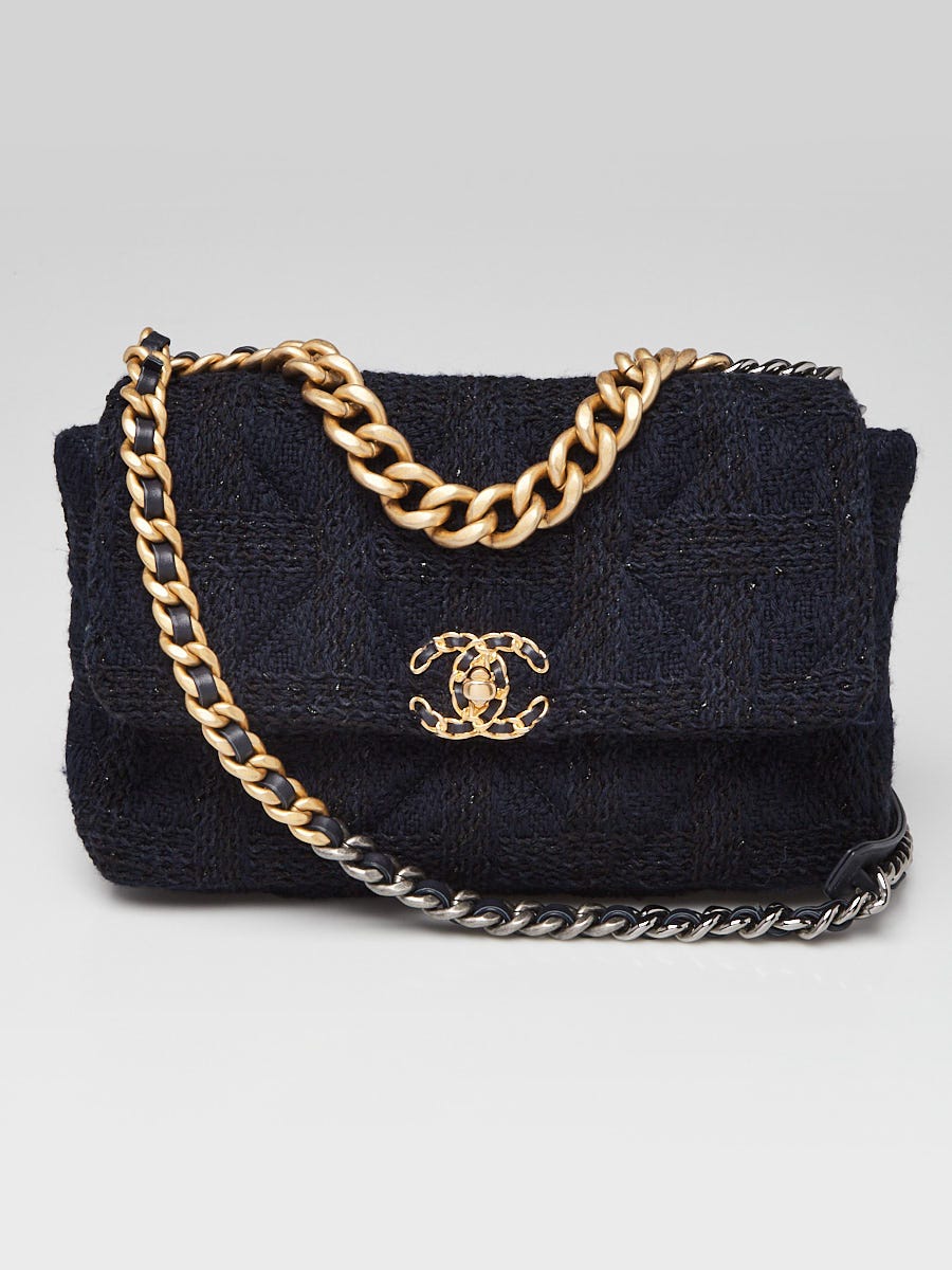 Chanel Navy Blue/Black Quilted Tweed Fabric Chanel 19 Large Flap