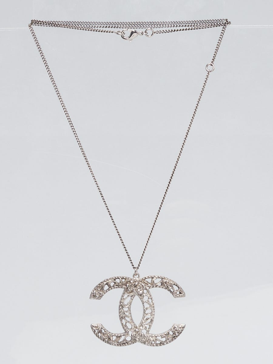 Chanel Silver Metal Large CC Logo Camellia Pendant Necklace