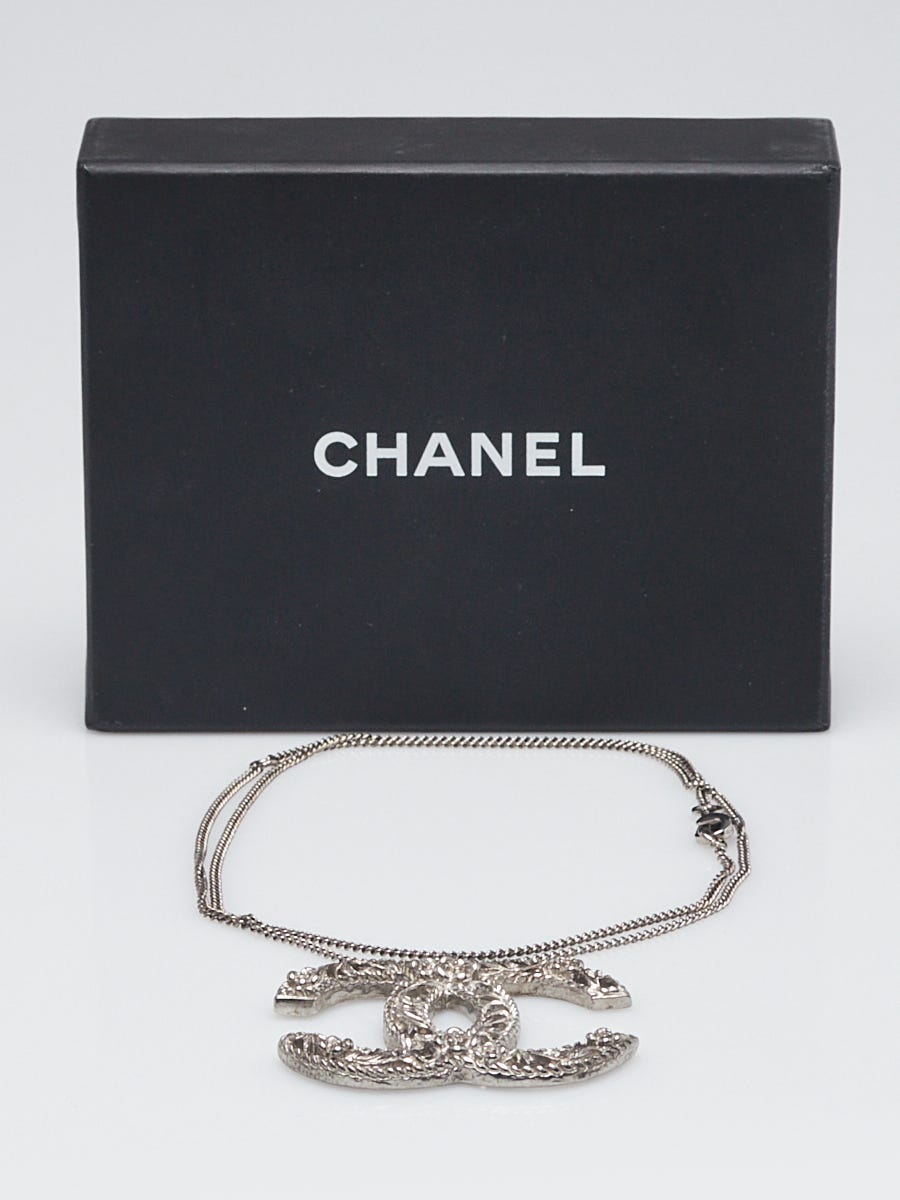 Chanel Silver Metal Large CC Logo Camellia Pendant Necklace
