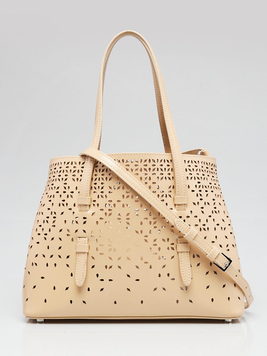 Alaia Beige Laser Cut Leather Mini Shopping Tote Bag Yoogi s Closet