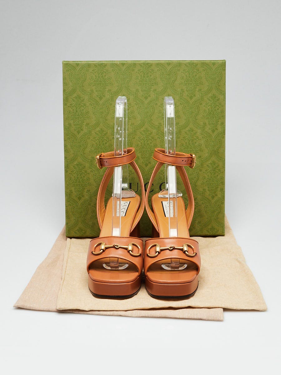 Gucci Brown Leather Horsebit Quentin Granada Platform Sandals Size