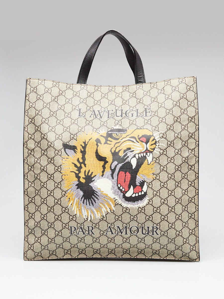 Gucci Beige GG Supreme Coated Canvas Tiger Print Tote Bag