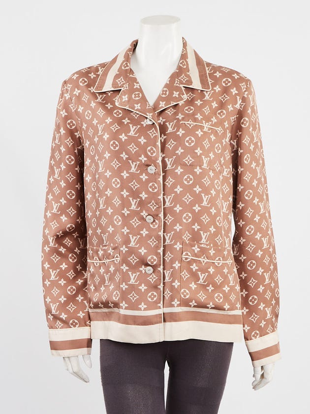 Louis Vuitton Brown Beige Monogram Silk Pajama Blouse Size 8 42 Yoogi louis-vuitton-brown-beige-monogram-silk-pajama-blouse-size-8-42-yoogi