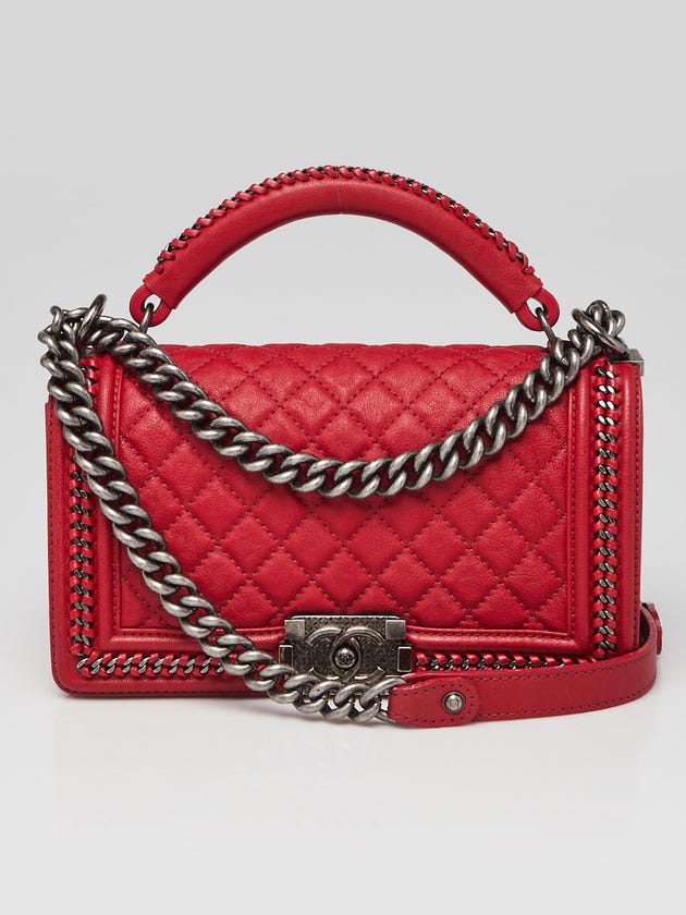 Chanel Red Quilted Leather Chain Top Handle Medium Boy Bag