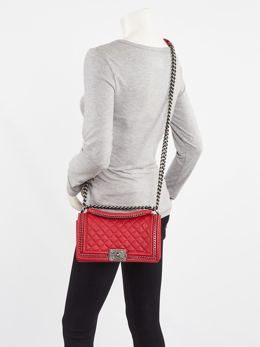 Chanel Red Quilted Leather Chain Top Handle Medium Boy Bag