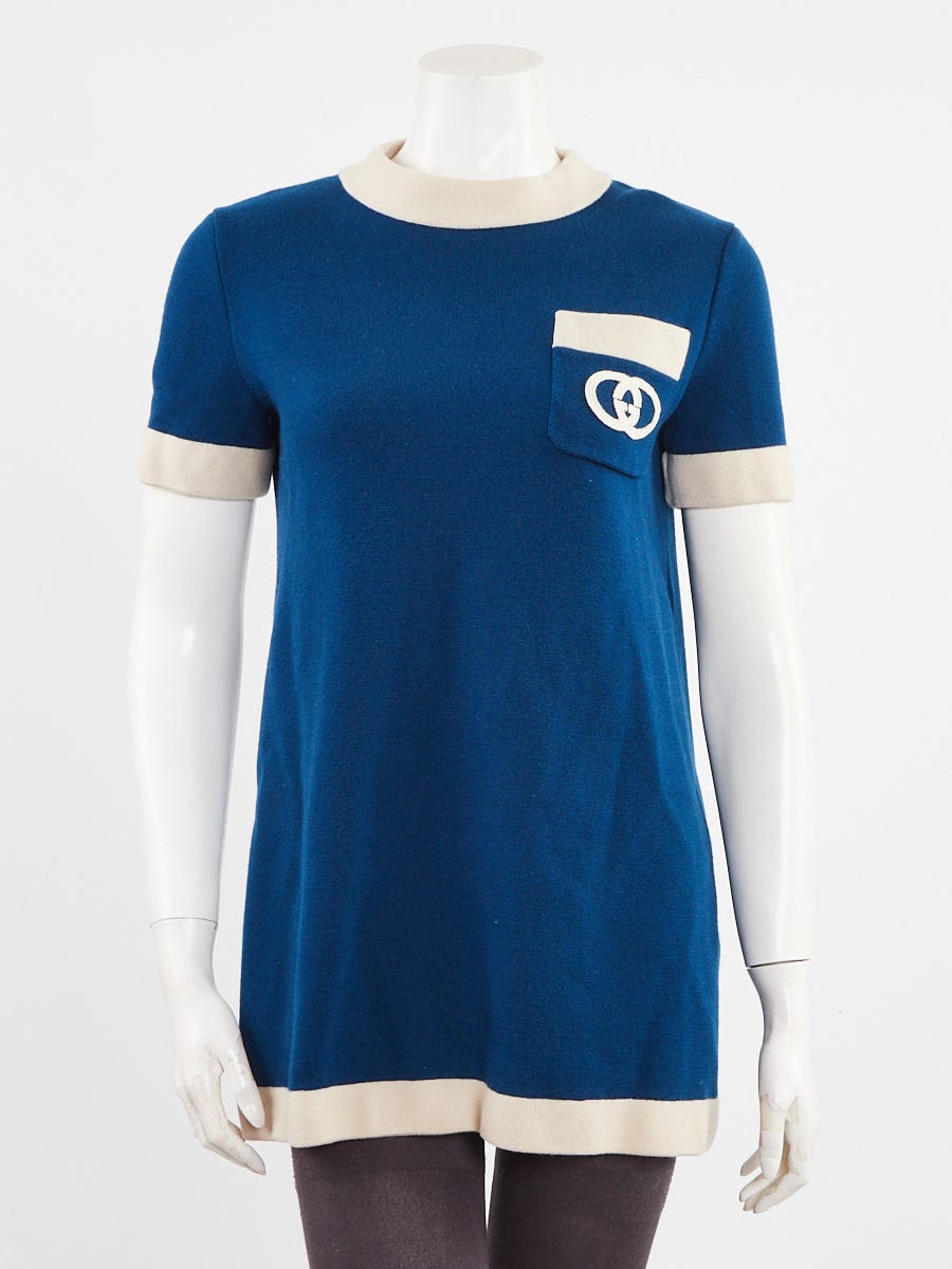 Gucci Blue/White Wool GG Pocket Short Sleeve Mini Dress Size M