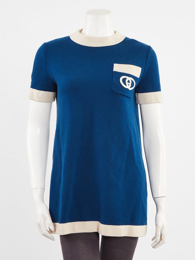 Gucci Blue/White Wool GG Pocket Short Sleeve Mini Dress Size M